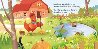 Illustration of a farm scene with a red hen and other animals, featuring text about a little red hen.