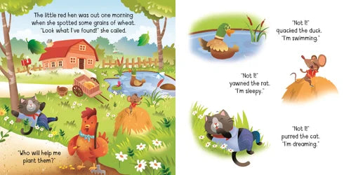 Illustrated book page with farm animals and a duck by a pond.