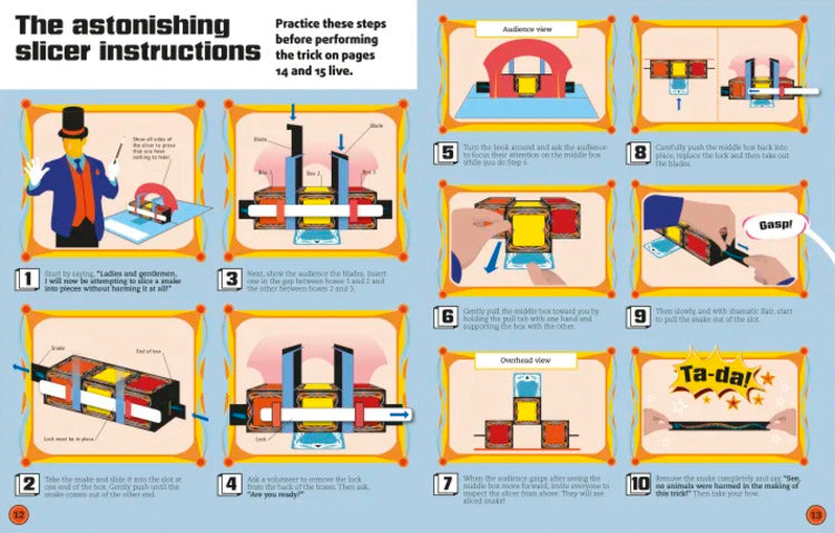 Illustrated step-by-step guide for a magic trick with labeled steps and images.