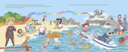 Illustrated beach scene with various characters and activities