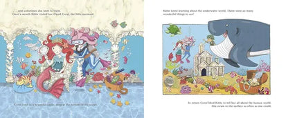 Illustrated book pages featuring a mermaid, a whale, and a castle underwater.