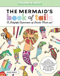 Coloring book cover titled 'The Mermaid's Book of Tails' with mermaid-themed illustrations and text.