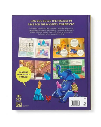 The back cover of a purple children's puzzle book titled 'Can You Solve the Puzzles in Time for the Mystery Exhibition?' by DK. The cover features colorful illustrations of cartoon characters, puzzle panels, a yellow speech bubble that says 'Contains 18 Incredible Puzzles!', and a white barcode label at the bottom right.