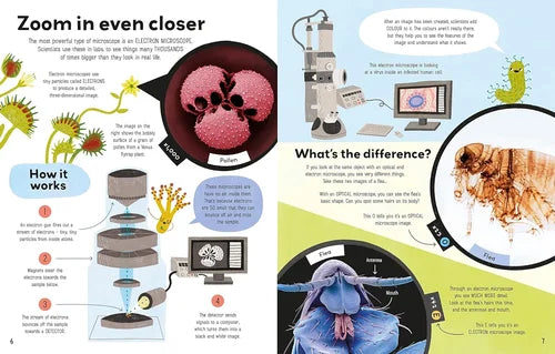 Educational infographic about electron microscopes with diagrams and images of microscopic organisms.