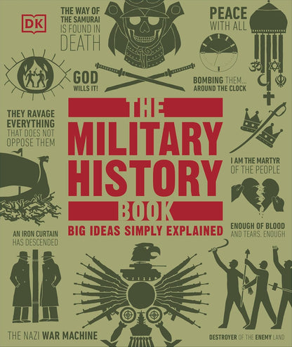 The cover of 'The Military History Book' featuring a green background with title text and various icons and illustrations related to military history, such as a samurai helmet, a French flag, and a drone.