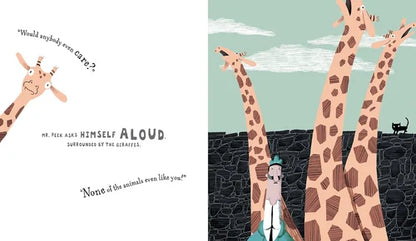Illustration of giraffes and a cat with text on a green background