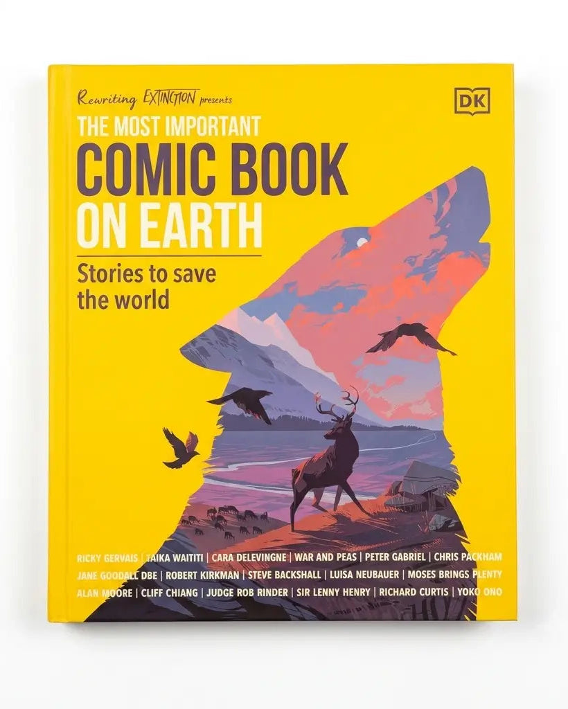 The Most Important Comic Book on Earth book by DK, featuring a bright yellow cover with a large stylized wolf silhouette and a colorful landscape illustration inside.