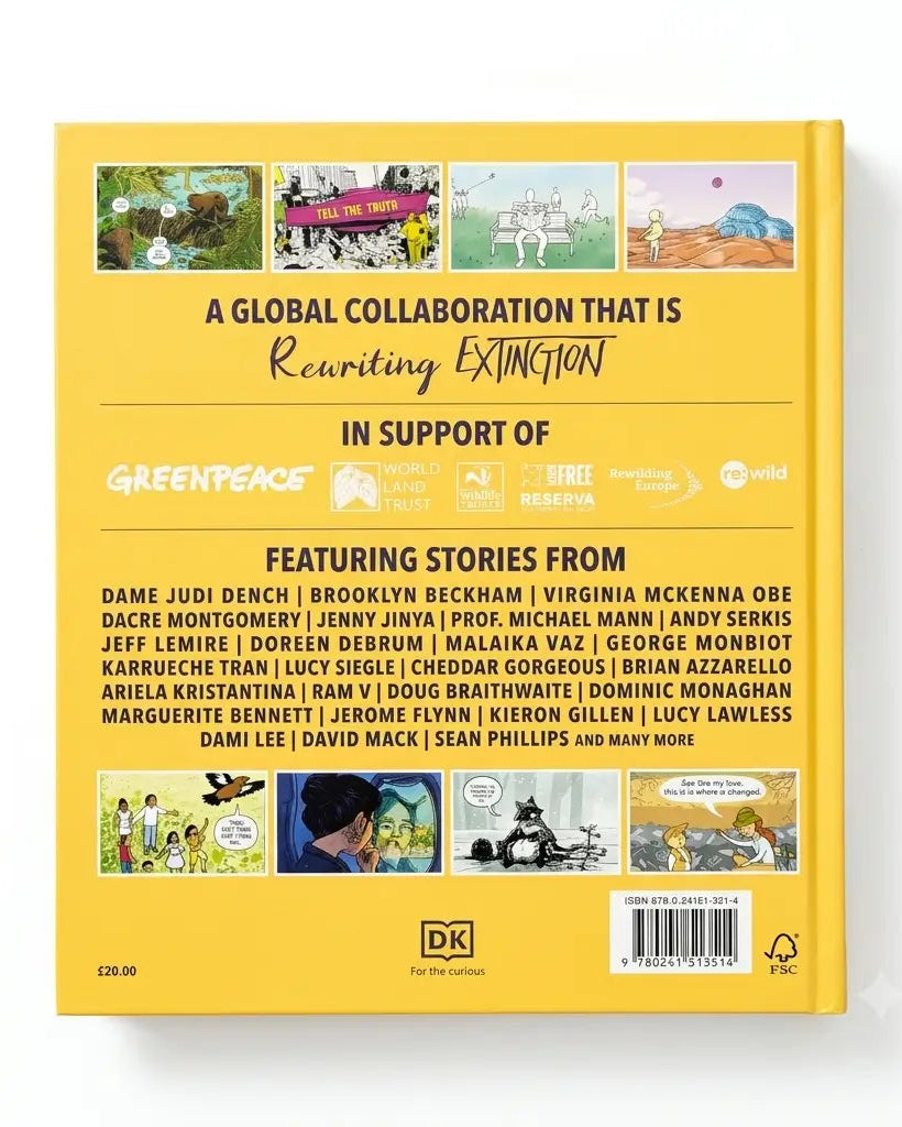 The back cover of the book 'Extinction' by DK, featuring a bright yellow background with various illustrations, text, and logos from collaborating organizations.