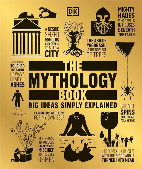 Cover of 'The Mythology Book' with black illustrations and text on a yellow background