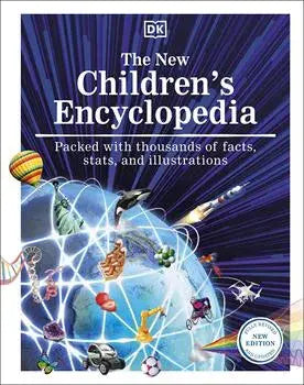 Book cover of 'The New Children's Encyclopedia' with colorful illustrations and DK logo.