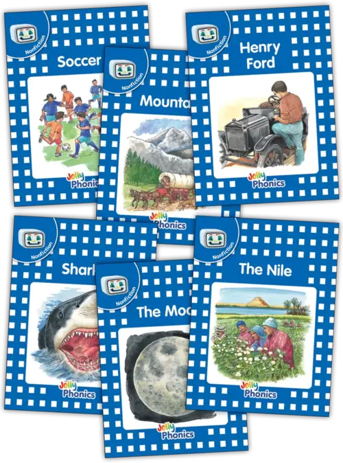 Set of educational books with colorful illustrations and text on a white background