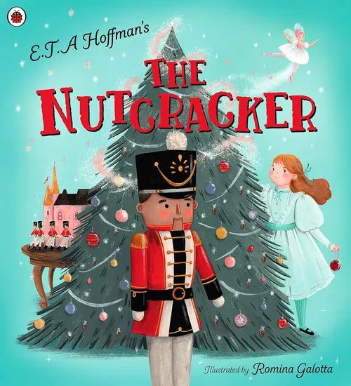 Book cover of 'The Nutcracker' with a Nutcracker and dancer in front of a Christmas tree.