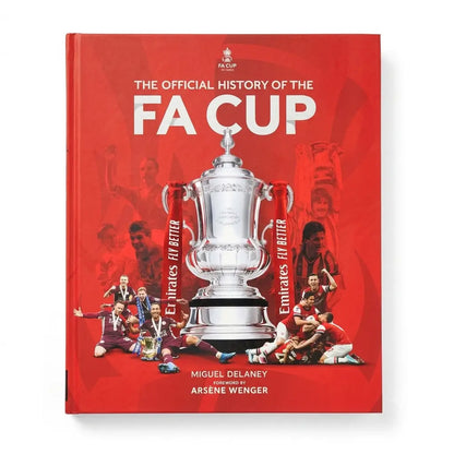 The Official History of the FA Cup book cover, featuring a bold red background with a large silver trophy in the center, player photos, and white title text.