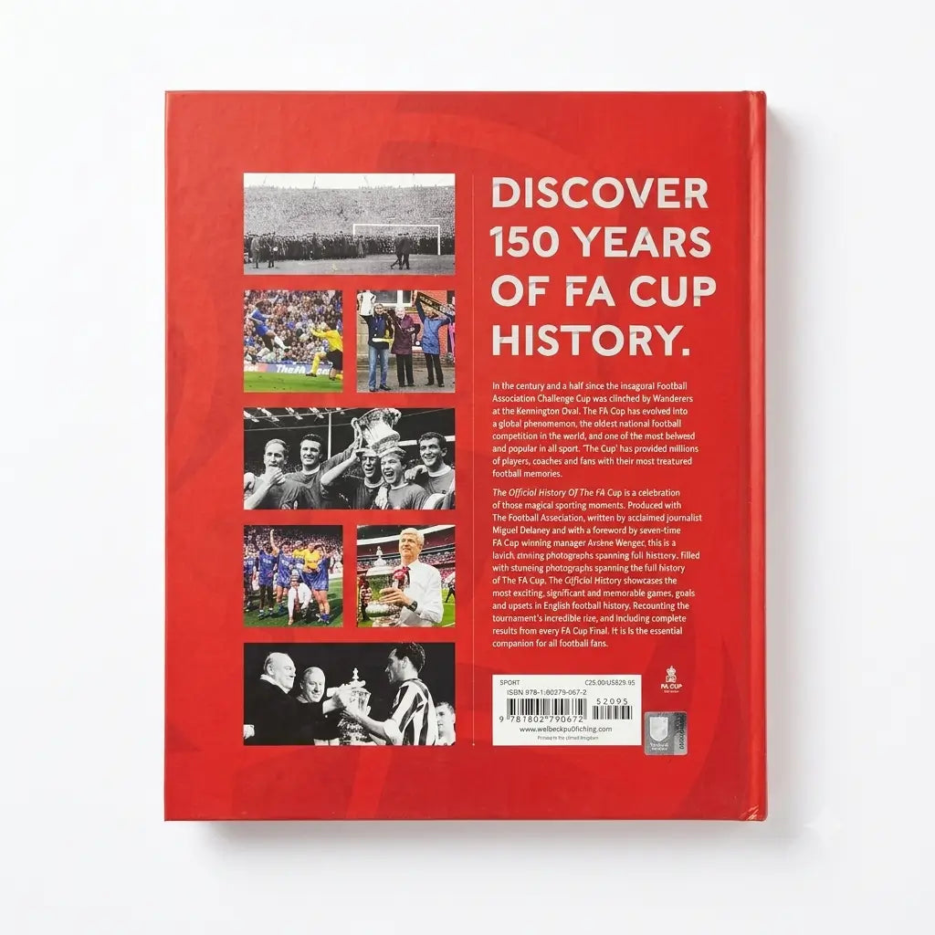 The back cover of a red book titled 'Discover 150 Years of FA Cup History' on a clean white background.