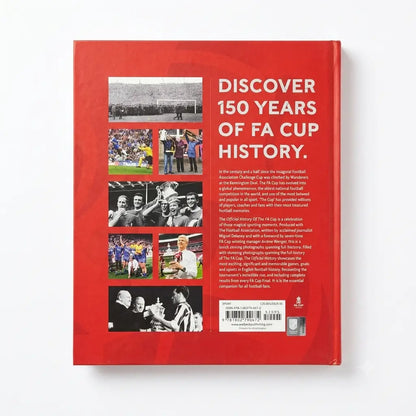The back cover of a red book titled 'Discover 150 Years of FA Cup History' on a clean white background.