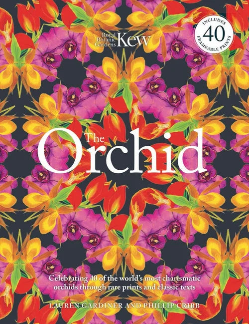 Book cover of 'The Orchid' with colorful orchid pattern and Kew Gardens logo.