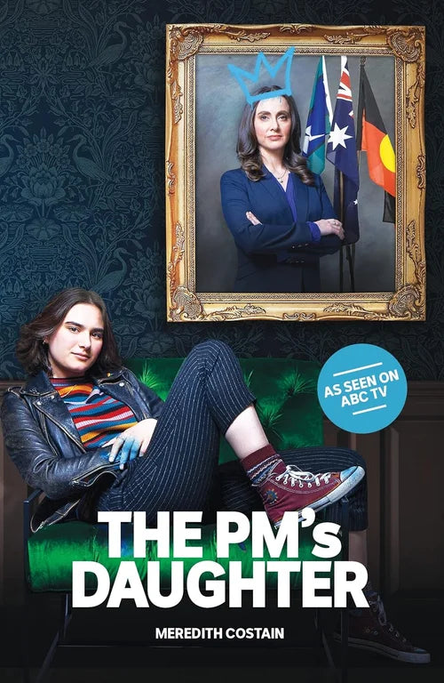 Book cover of 'The PM's Daughter' with a person sitting and a framed portrait on a dark background.