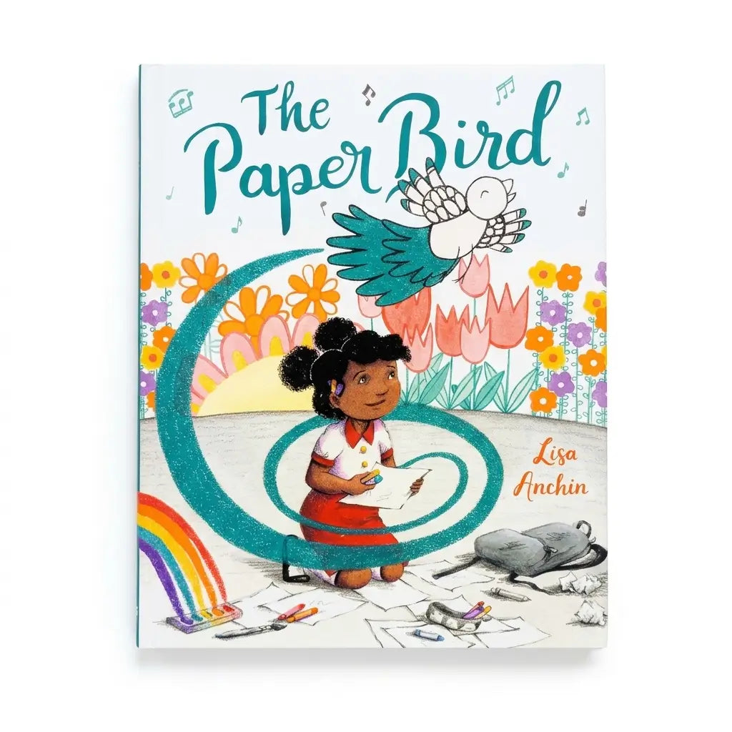 The Paper Bird children's book by Lisa Anchin, featuring a colorful illustration of a girl painting with a large teal swoosh, a paper bird, flowers, and a rainbow on a white background.