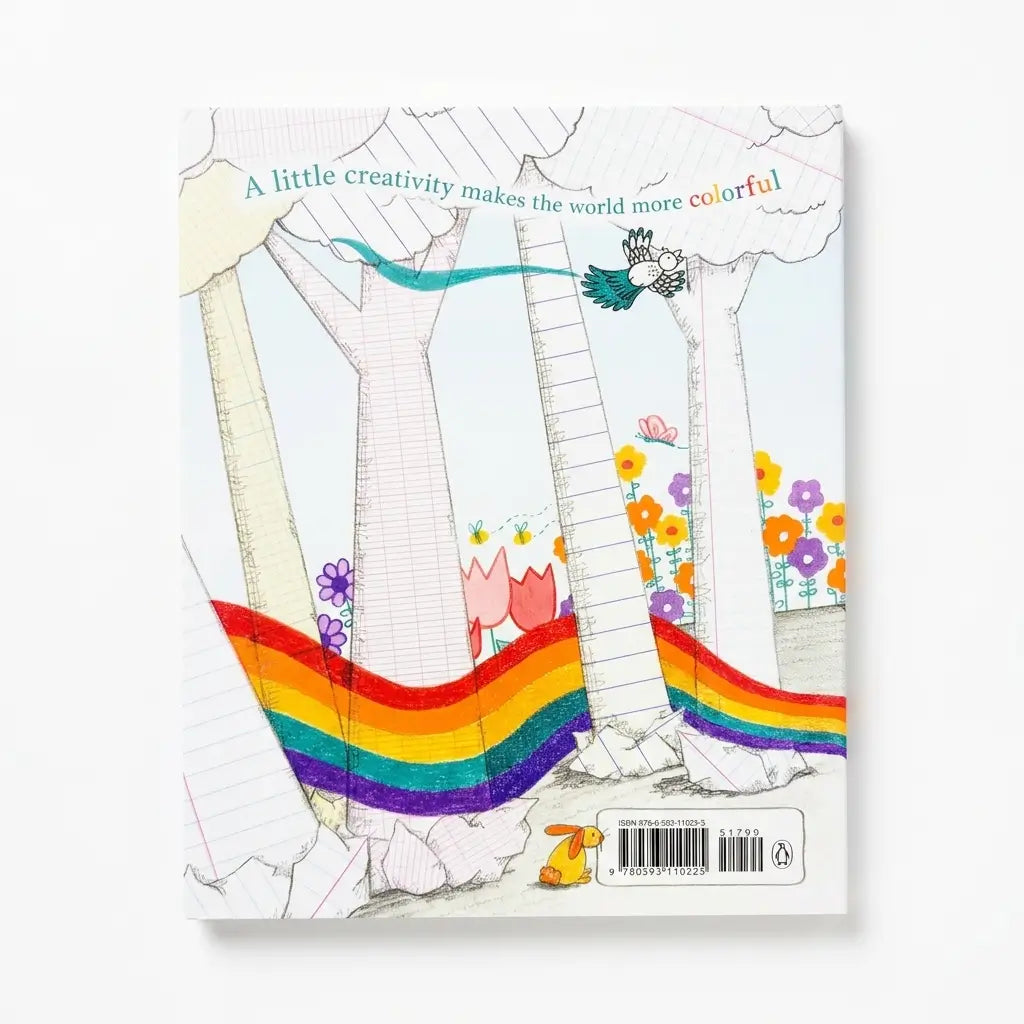 A children's coloring book cover featuring whimsical line-art trees, flowers, and a rainbow, with the text 'A little creativity makes the world more colorful' at the top.