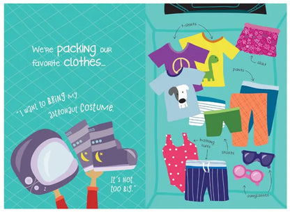 Illustration of children's clothing and accessories with text on a teal background