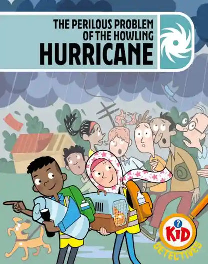 Book cover of 'The Perilous Problem of the Howling Hurricane' featuring cartoon characters and a pencil icon.