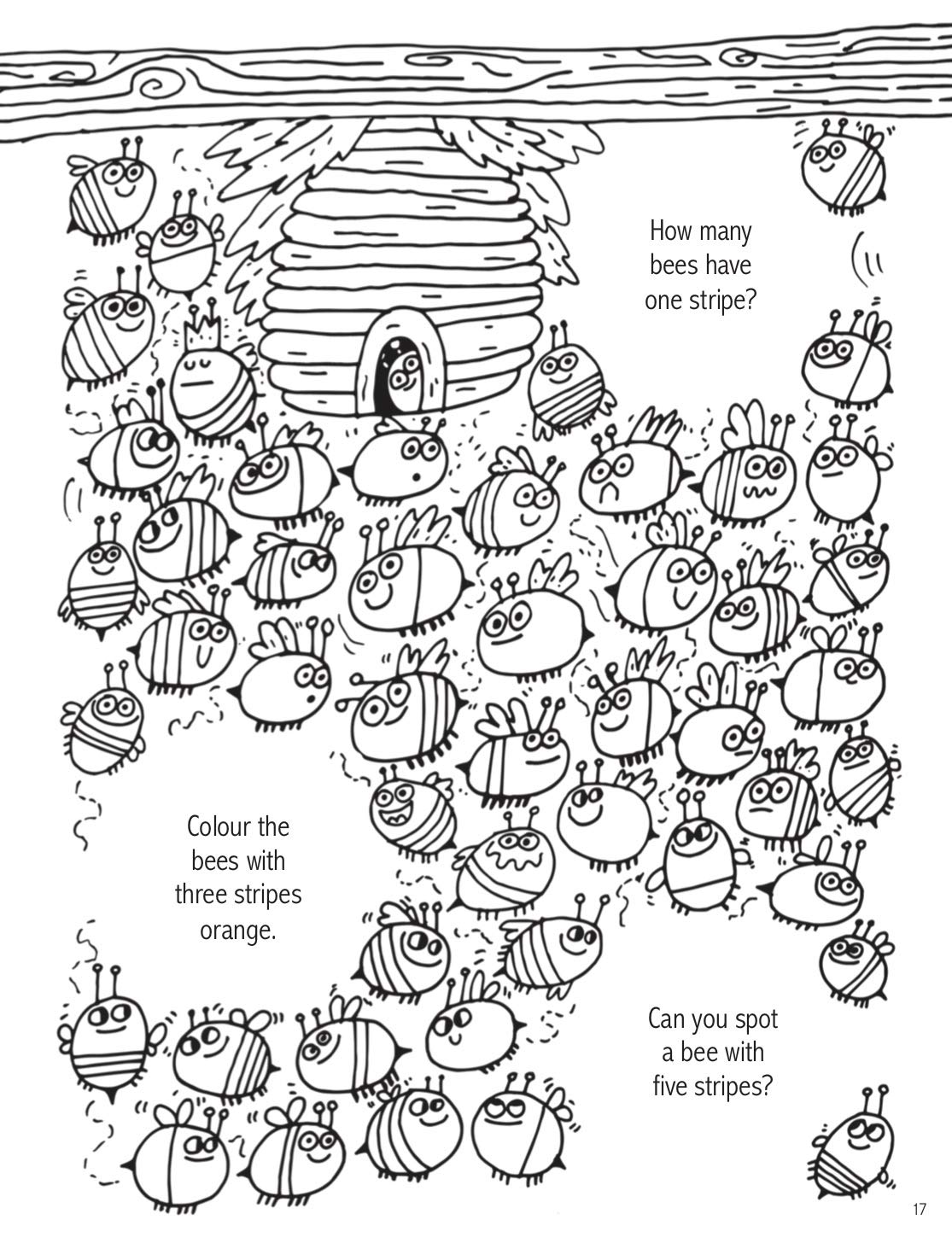 Coloring page with bees and text instructions on a wooden beehive background