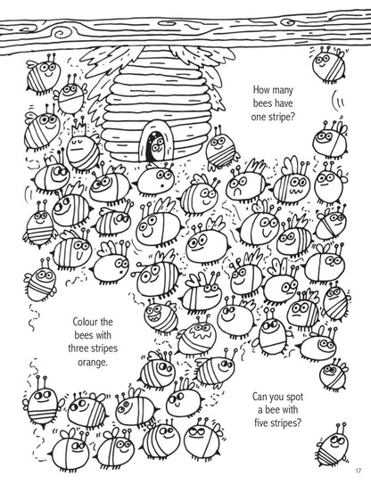 Coloring page with bees and text instructions on a wooden beehive background
