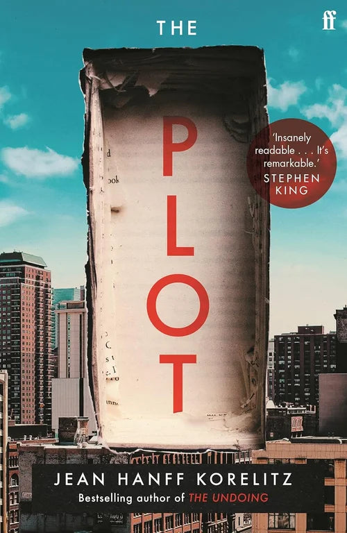 Book cover of 'The Plot' by Jean Hanff Korelitz with a large coffee bean and cityscape background.