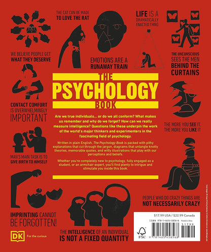 Back cover of 'The Psychology Book' with black illustrations and white text on a red background