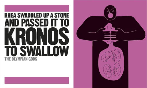 Illustration of a figure holding a stone with text about Rhea and Kronos on a purple background