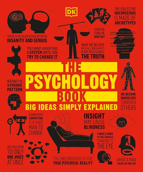 Book cover of 'The Psychology Book' with various psychological concepts and graphics on a red background.