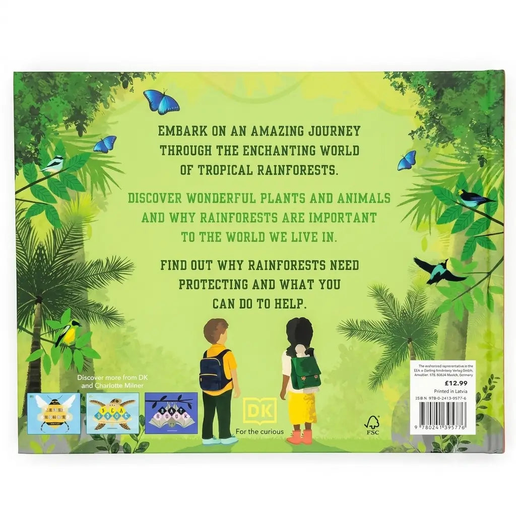 The back cover of the children's book 'Embark on an Amazing Journey' by DK, featuring a vibrant green rainforest illustration with text about tropical rainforests, cartoon children, and DK branding.