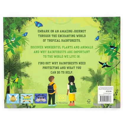 The back cover of the children's book 'Embark on an Amazing Journey' by DK, featuring a vibrant green rainforest illustration with text about tropical rainforests, cartoon children, and DK branding.