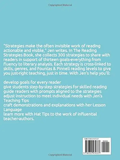 Book back cover with text about reading strategies and a barcode on a blue background