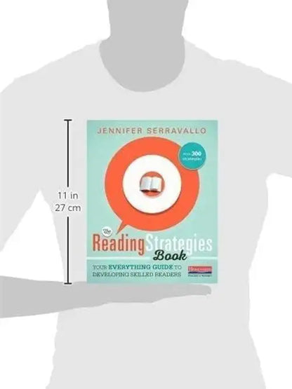 Book titled 'The Reading Strategies Book' by Jennifer Serravallo on a mannequin with measurement indicators.