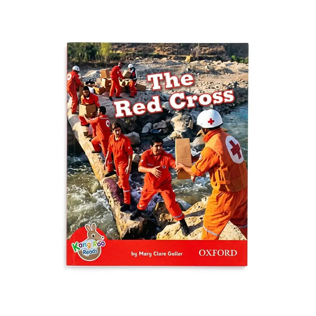 The Red Cross children's book by Mary Clare Geller, published by Oxford and King Zoo Books, featuring a cover with an image of people in red cross uniforms crossing a rocky river.