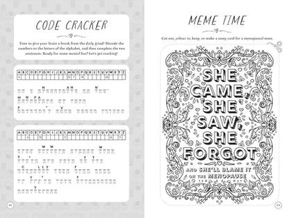 Two pages from a coloring book or activity book with text and decorative elements.