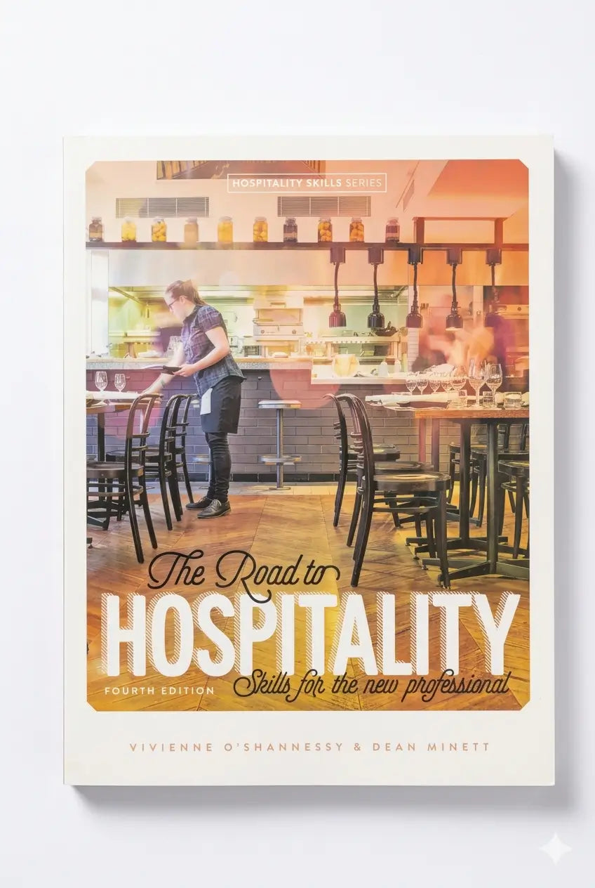 Book cover of 'The Road to Hospitality' with a restaurant interior on the background