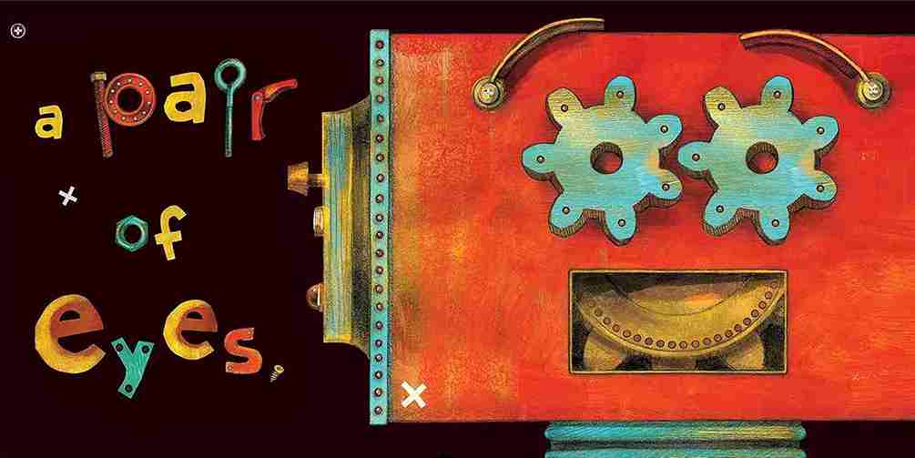 Decorative book with gears and colorful text on a dark background