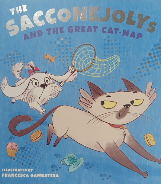 Cover of the book 'The Saccomejolys and the Great Cat-Nap' featuring illustrations of a dog and a cat playing with a frisbee and a string toy, with a blue background.