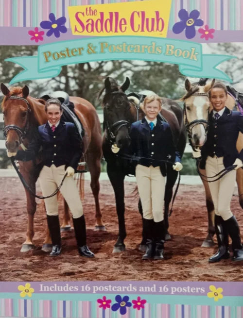 Book cover of 'The Saddle Club Poster & Postcards Book' featuring three equestrian riders with horses.
