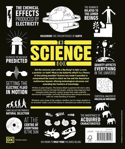 Cover of 'The Science Book' with various scientific illustrations and text on a black background.