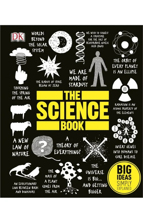 Cover of 'The Science Book' with various scientific illustrations and text on a black background.