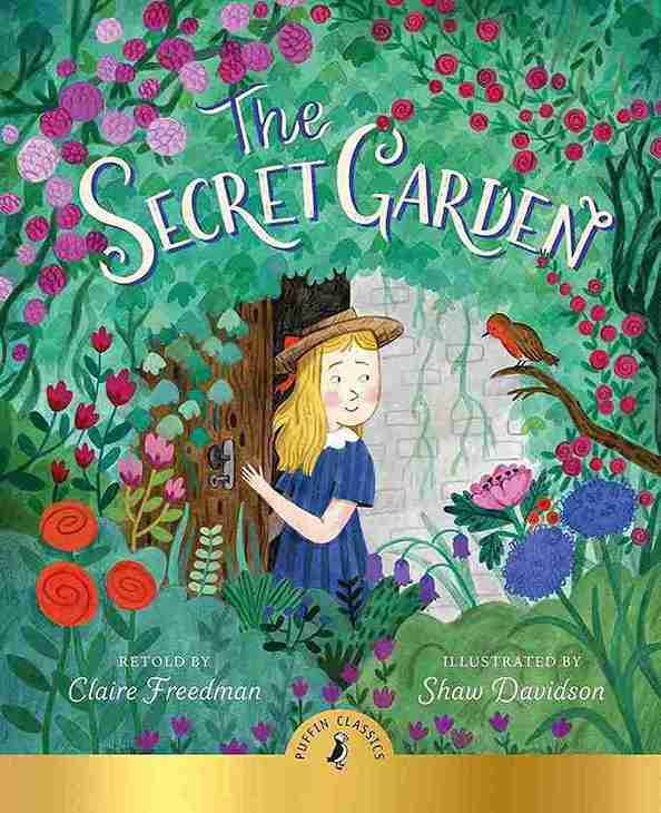 Book cover of 'The Secret Garden' with a girl at a door surrounded by flowers and foliage.