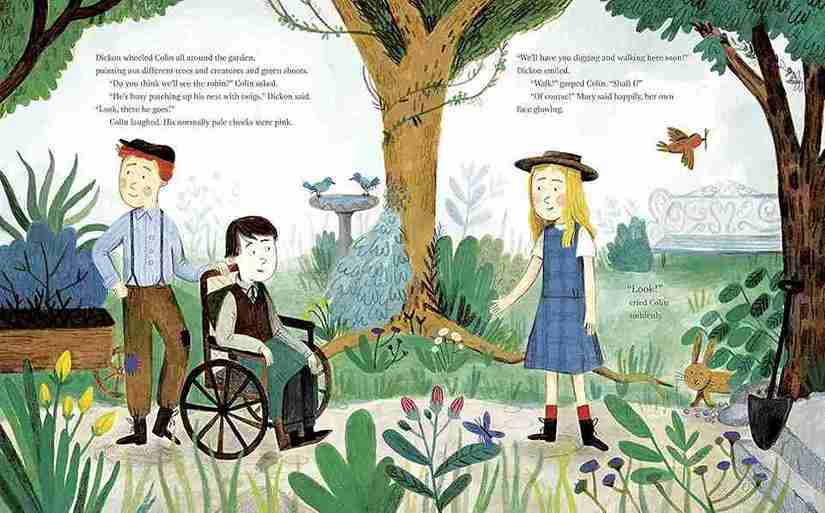 Illustrated children's book page with characters in a garden setting.
