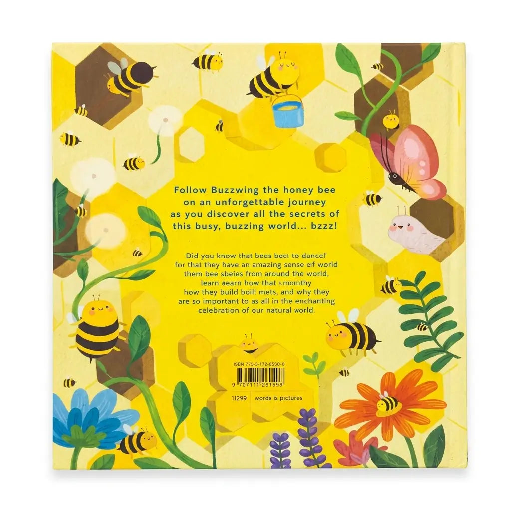 The back cover of a children's book titled 'Follow Buzzwing the honey bee' on a clean white background. The cover features a vibrant yellow background decorated with illustrations of bees, flowers, and honeycombs, along with descriptive text and a barcode.
