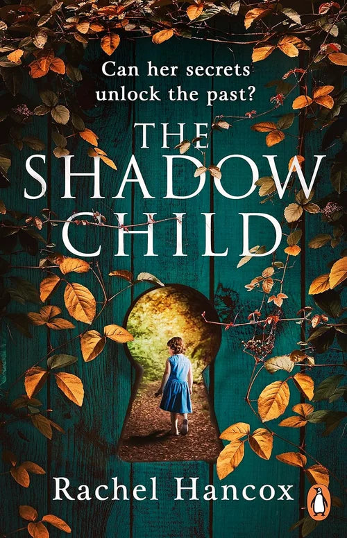 Book cover of 'The Shadow Child' with a woman in a blue dress standing in a doorway surrounded by autumn leaves.