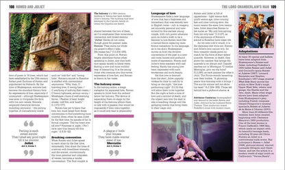 Open book showing a page with text and images related to 'Romeo and Juliet'.