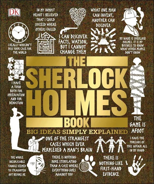 Book cover of 'The Sherlock Holmes Book' with text and illustrations on a brown background