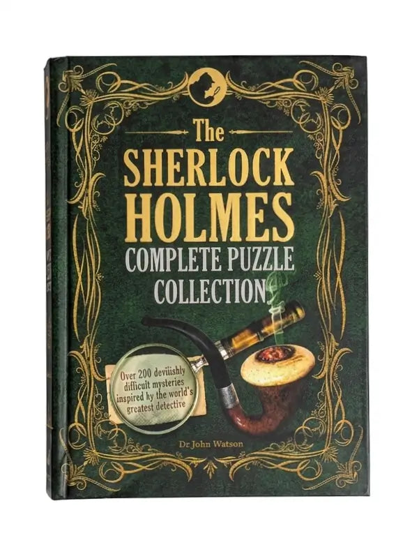 The Sherlock Holmes Complete Puzzle Collection book by Dr. John Watson, featuring a dark green cover with ornate gold borders, gold and white lettering, and an illustration of a smoking pipe and a bowl of tea.